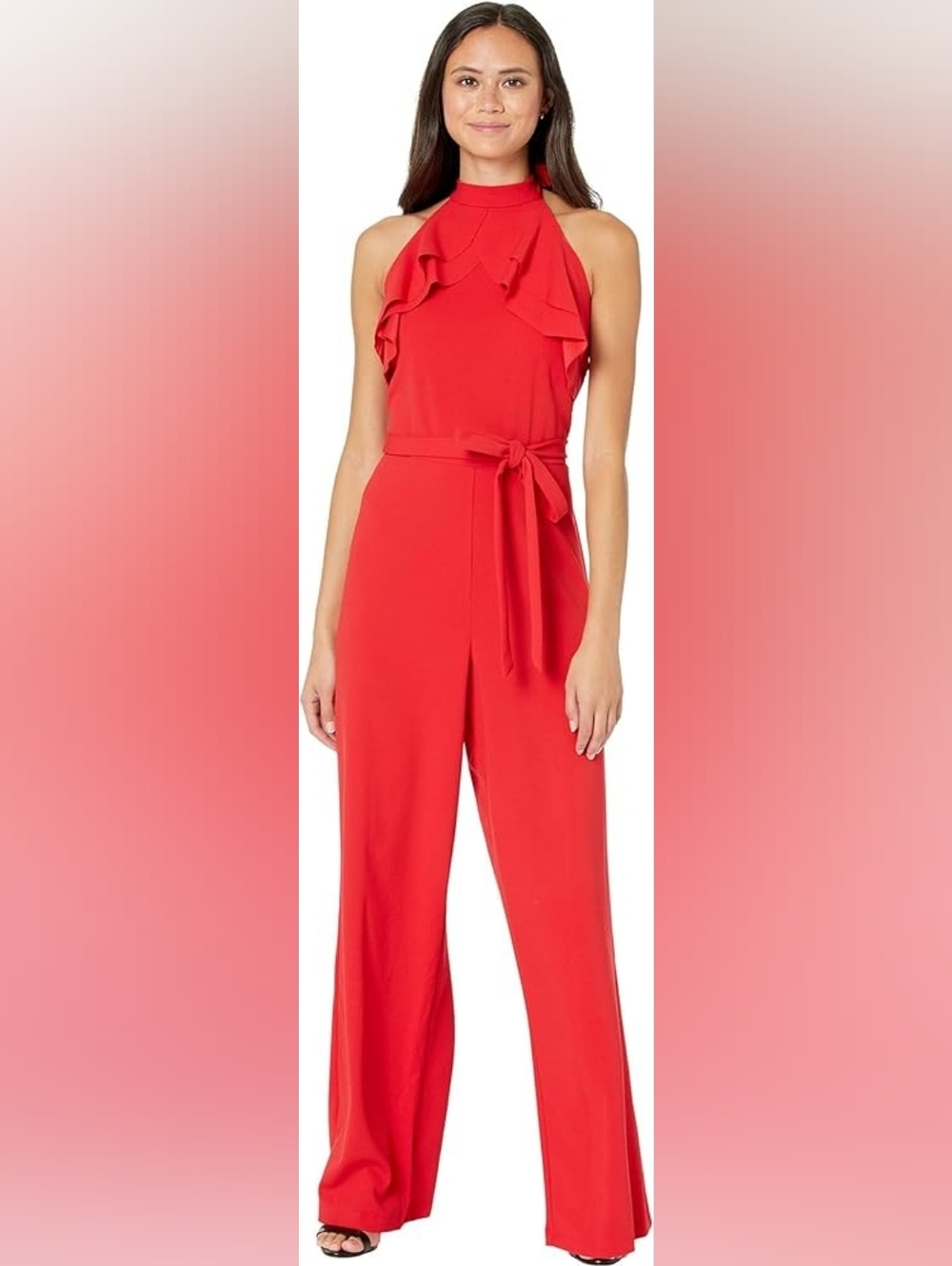 NWT! Bebe Y2K Style Red Ruffle Halter Backless Jumpsuit with Belt